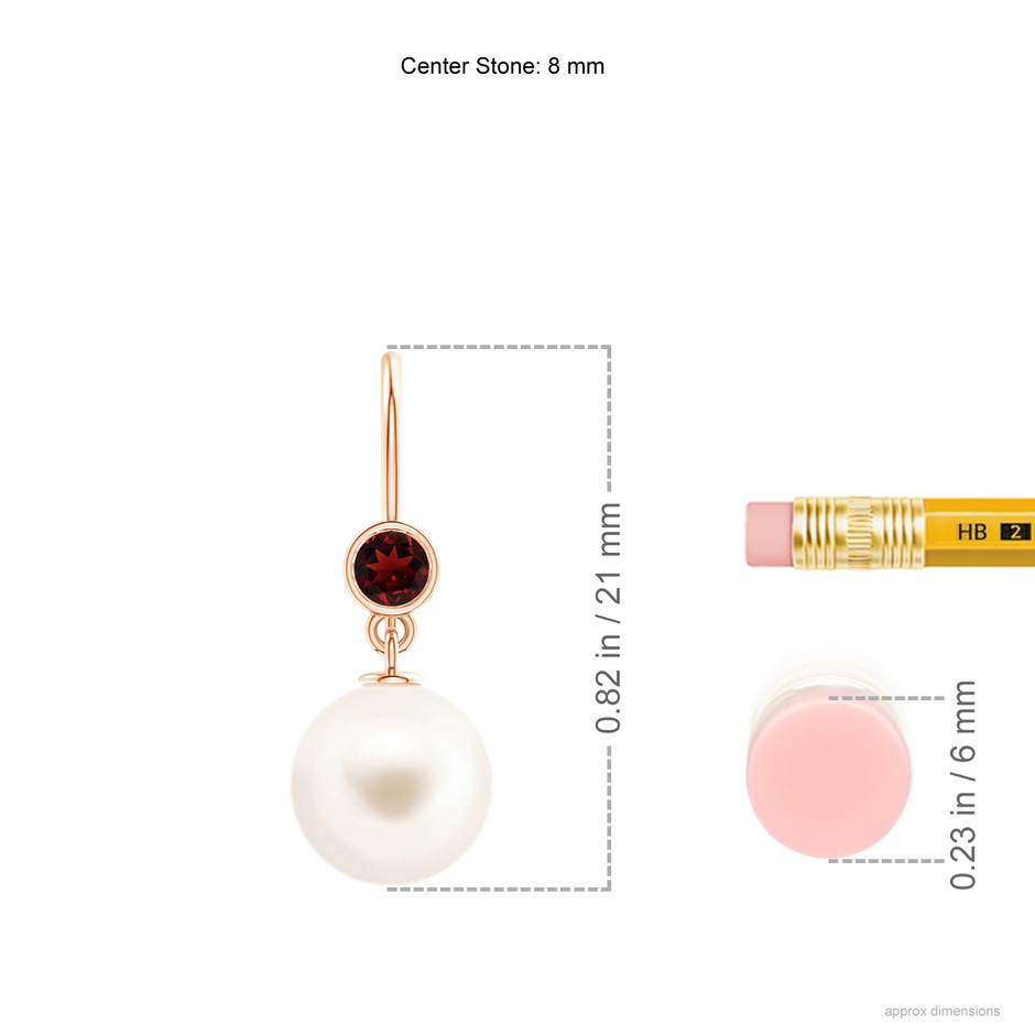 8mm AAA Freshwater Pearl Earrings with Bezel Garnet in 9K Rose Gold ruler