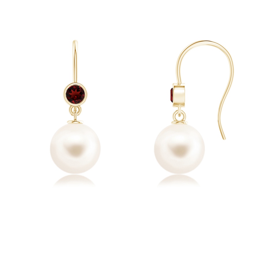 8mm AAA Freshwater Pearl Earrings with Bezel Garnet in 9K Yellow Gold 