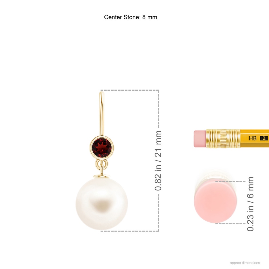 8mm AAA Freshwater Pearl Earrings with Bezel Garnet in 9K Yellow Gold ruler