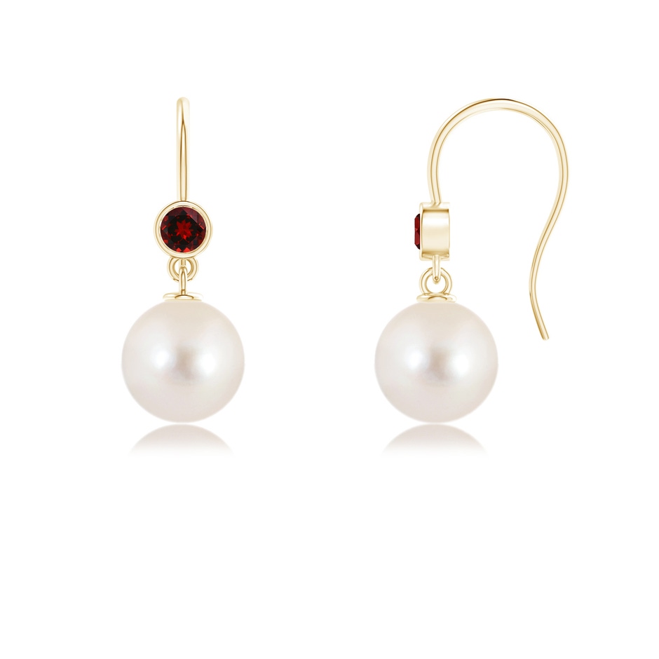 8mm AAAA Freshwater Pearl Earrings with Bezel Garnet in 9K Yellow Gold 