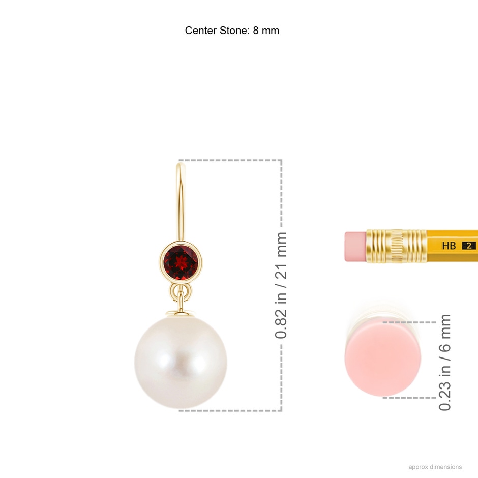 8mm AAAA Freshwater Pearl Earrings with Bezel Garnet in 9K Yellow Gold ruler