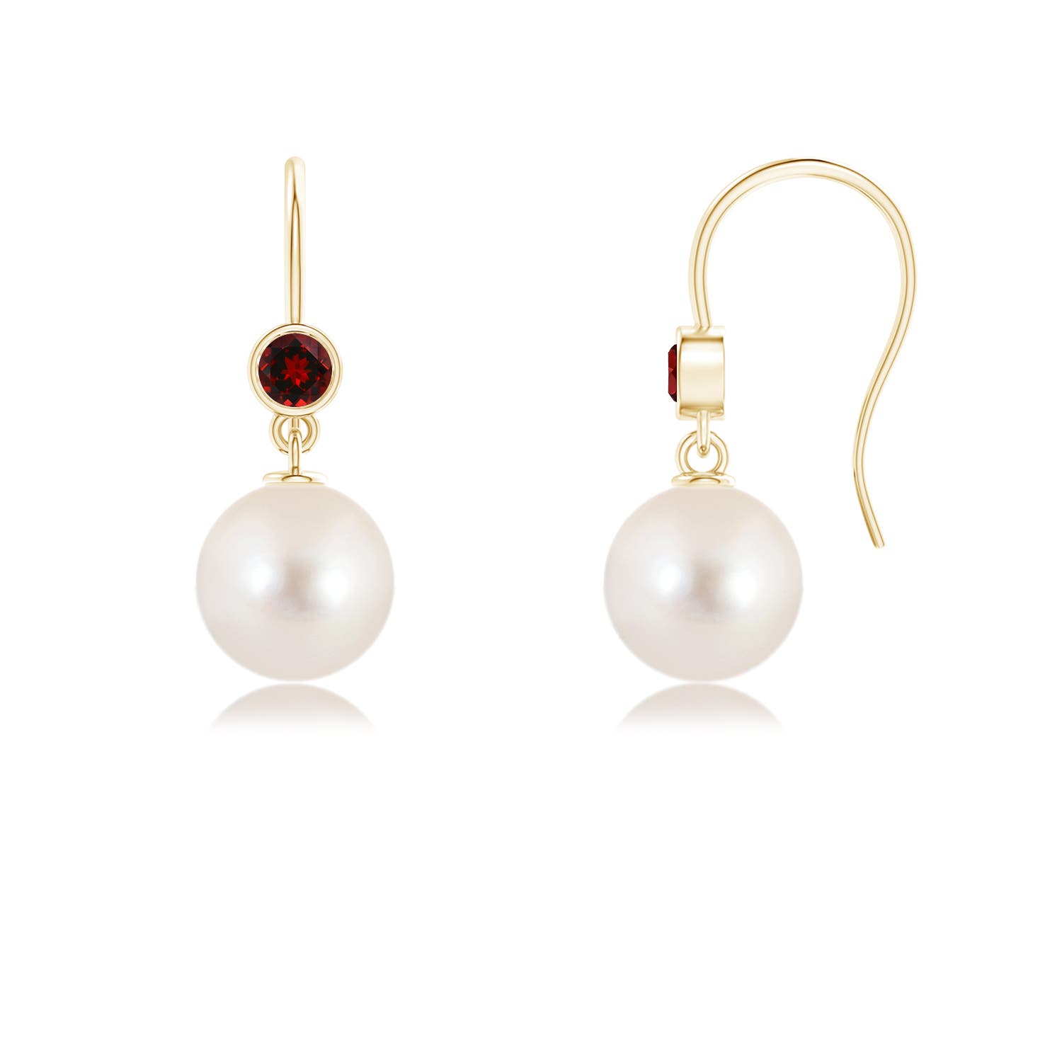 8mm AAAA Freshwater Pearl Earrings with Bezel Garnet in Yellow Gold
