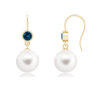 10mm AAA Freshwater Cultured Pearl Earrings with London Blue Topaz in Yellow Gold