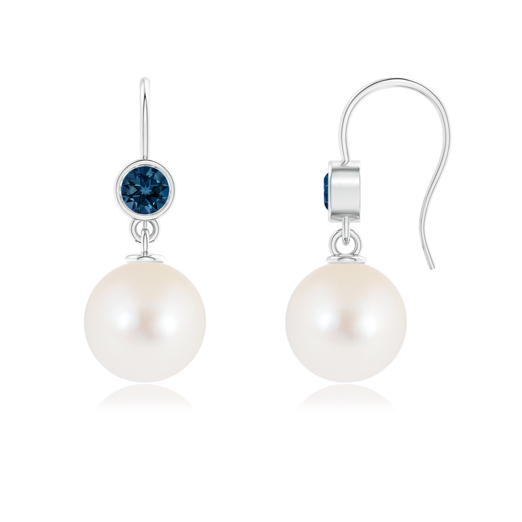 10mm AAAA Freshwater Cultured Pearl Earrings with London Blue Topaz in White Gold