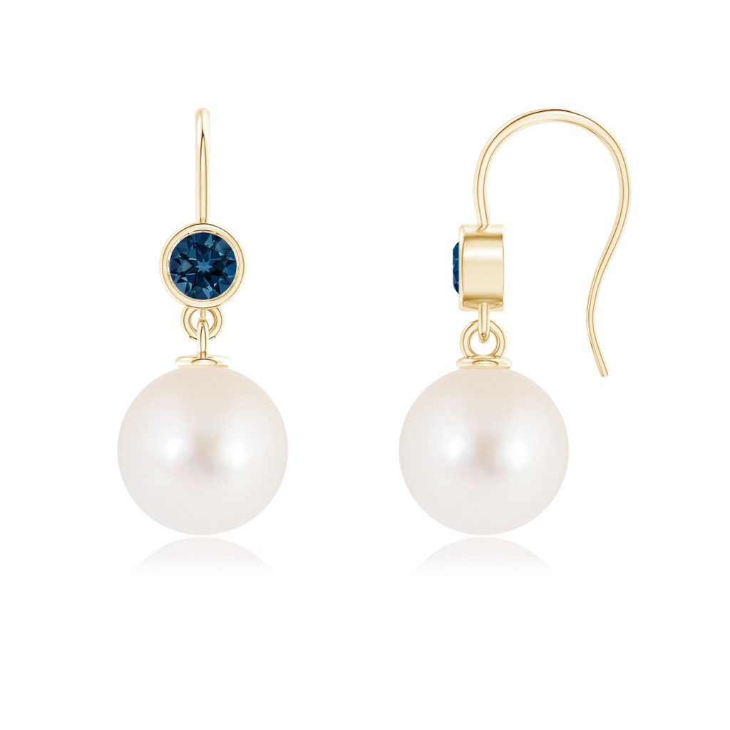 10mm AAAA Freshwater Cultured Pearl Earrings with London Blue Topaz in Yellow Gold