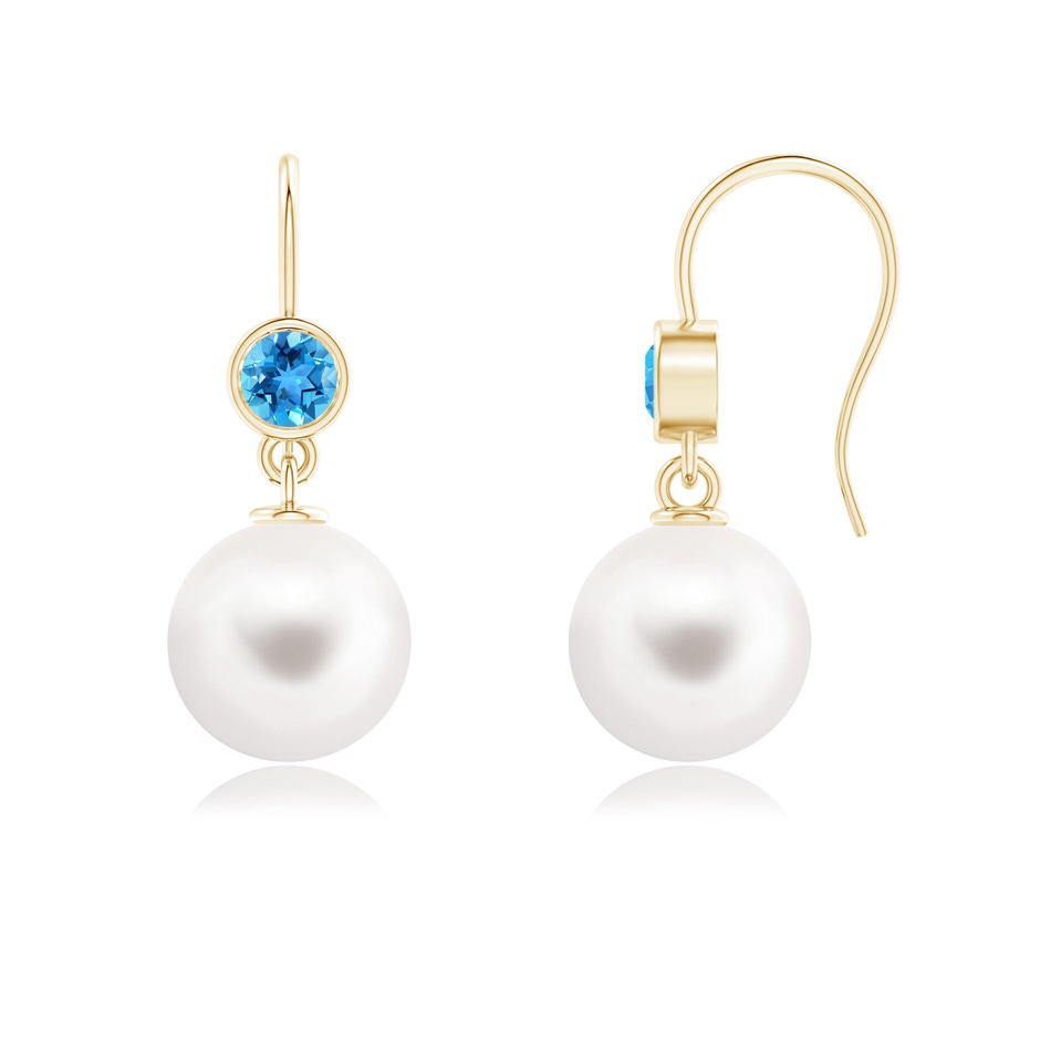 10mm AAA Freshwater Pearl Earrings with Swiss Blue Topaz in Yellow Gold 