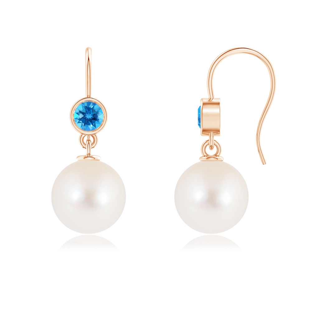 10mm AAAA Freshwater Pearl Earrings with Swiss Blue Topaz in Rose Gold