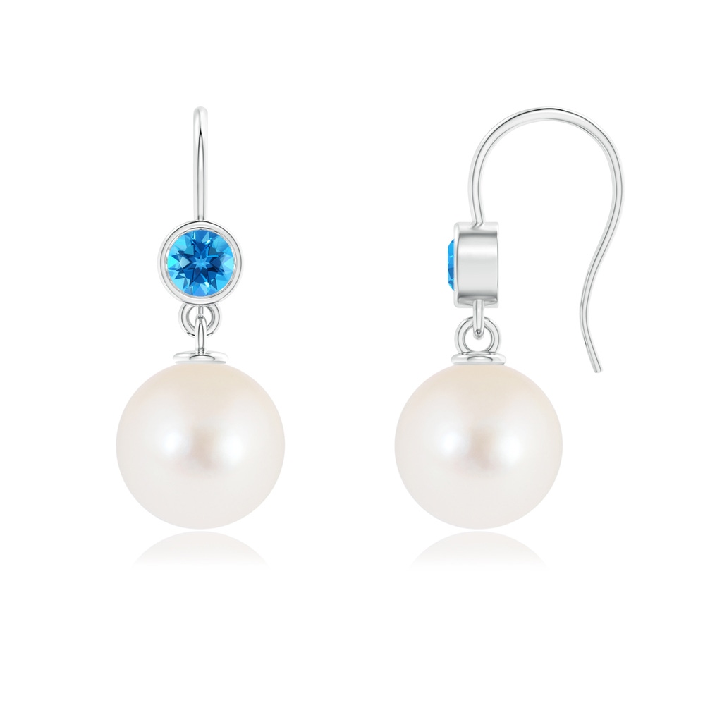 10mm AAAA Freshwater Pearl Earrings with Swiss Blue Topaz in White Gold