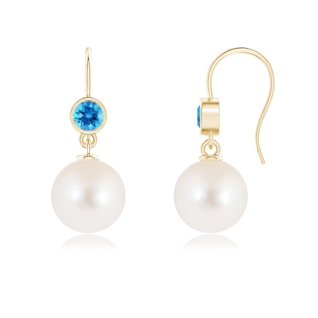 10mm AAAA Freshwater Pearl Earrings with Swiss Blue Topaz in Yellow Gold