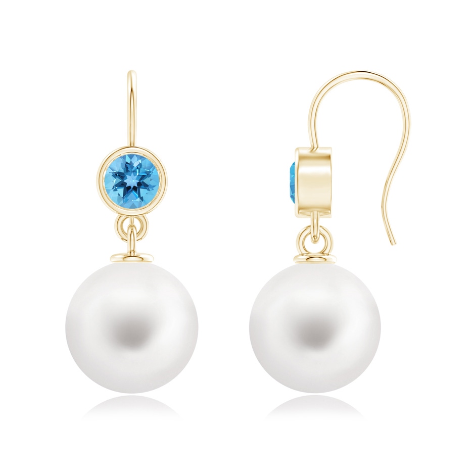 12mm AA Freshwater Pearl Earrings with Swiss Blue Topaz in Yellow Gold 