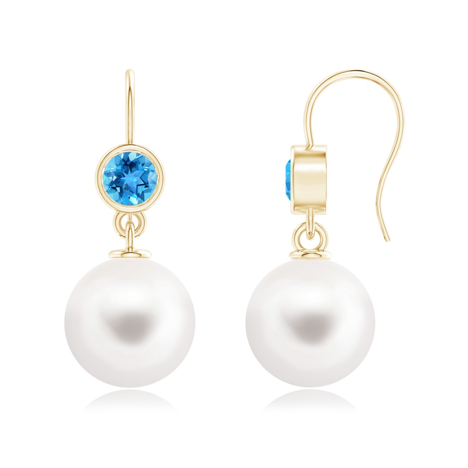 12mm AAA Freshwater Pearl Earrings with Swiss Blue Topaz in Yellow Gold 