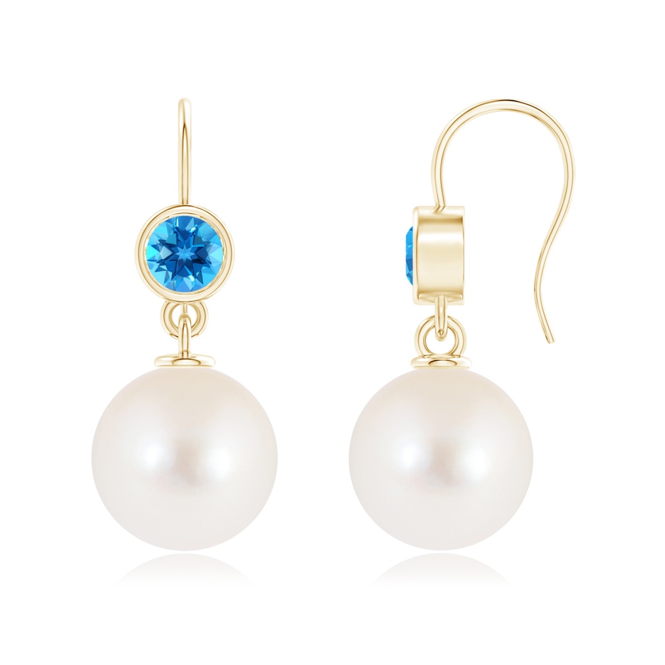 12mm AAAA Freshwater Pearl Earrings with Swiss Blue Topaz in Yellow Gold 