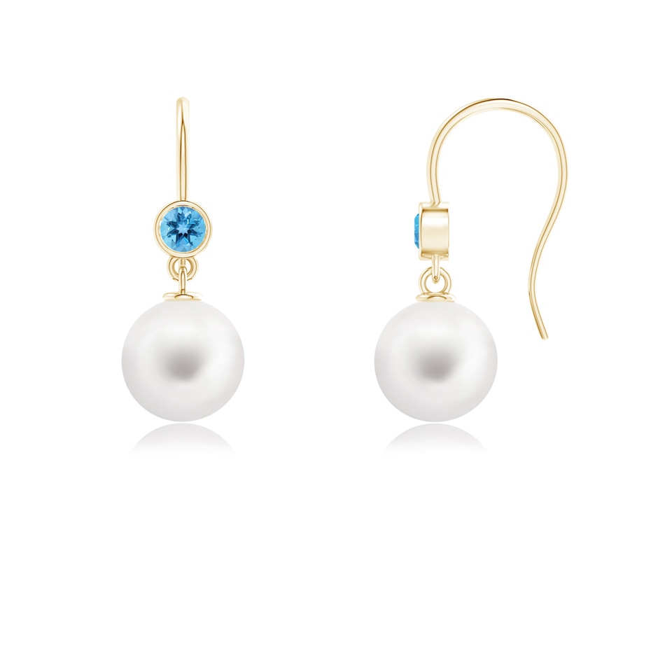8mm AA Freshwater Pearl Earrings with Swiss Blue Topaz in Yellow Gold 