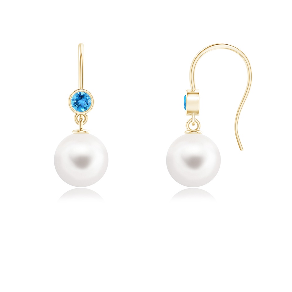 8mm AAA Freshwater Pearl Earrings with Swiss Blue Topaz in Yellow Gold 