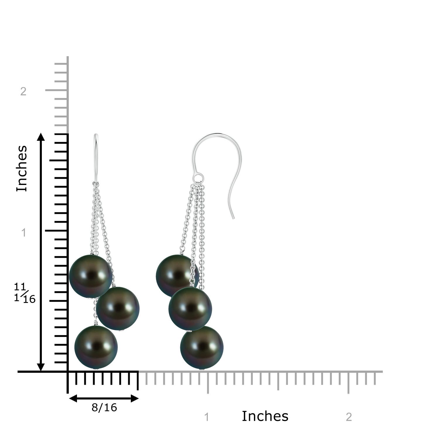 8mm AAAA Tahitian Triple Pearl Cluster Drop Earrings in White Gold - ruler