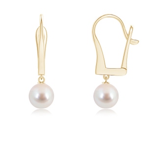 6mm AAA Solitaire Japanese Akoya Pearl Leverback Dangle Earrings in Yellow Gold