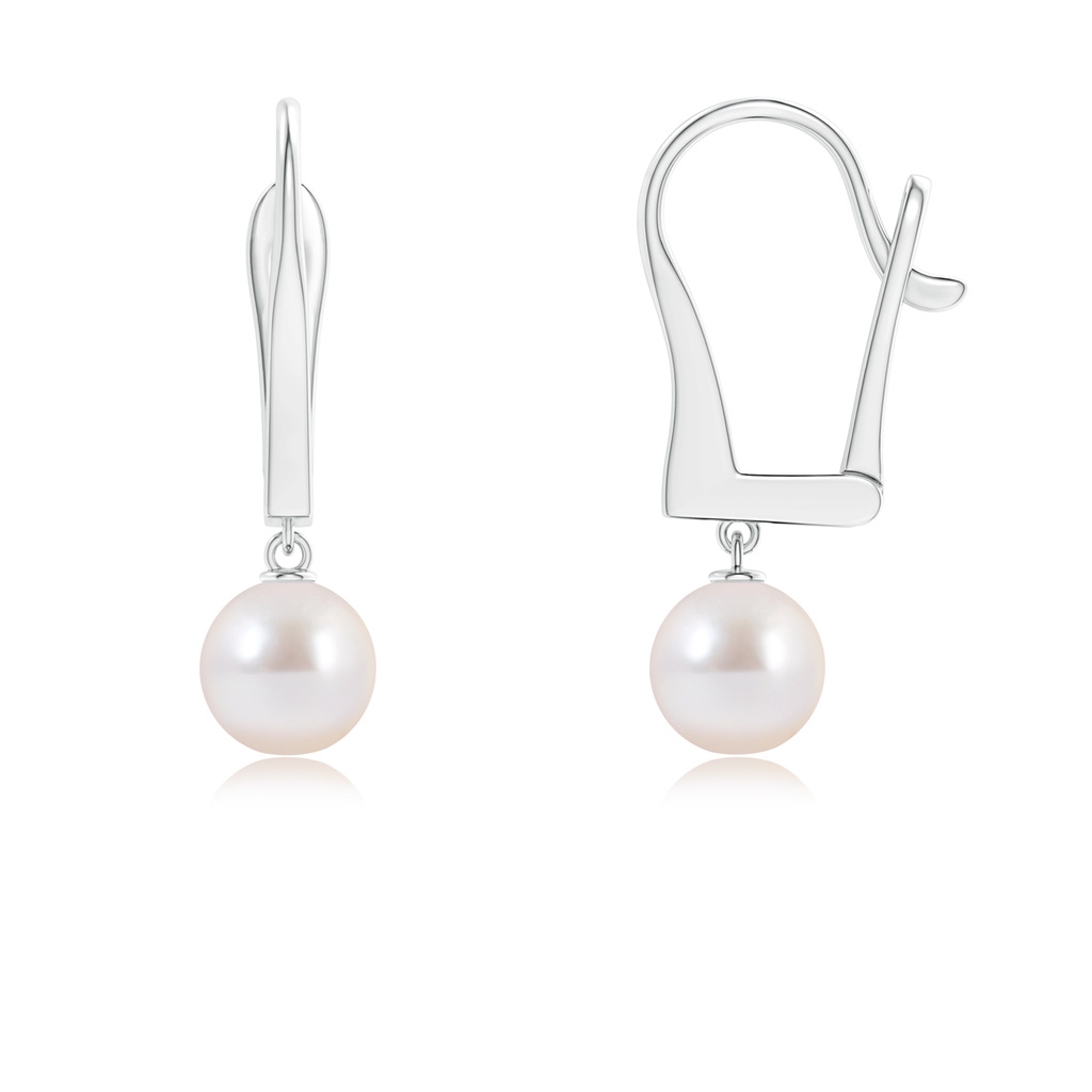 6mm AAAA Solitaire Japanese Akoya Pearl Leverback Dangle Earrings in White Gold