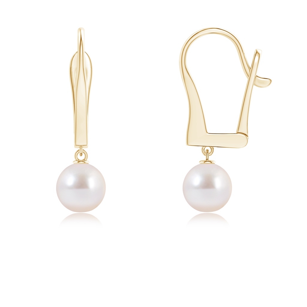 6mm AAAA Solitaire Japanese Akoya Pearl Leverback Dangle Earrings in Yellow Gold