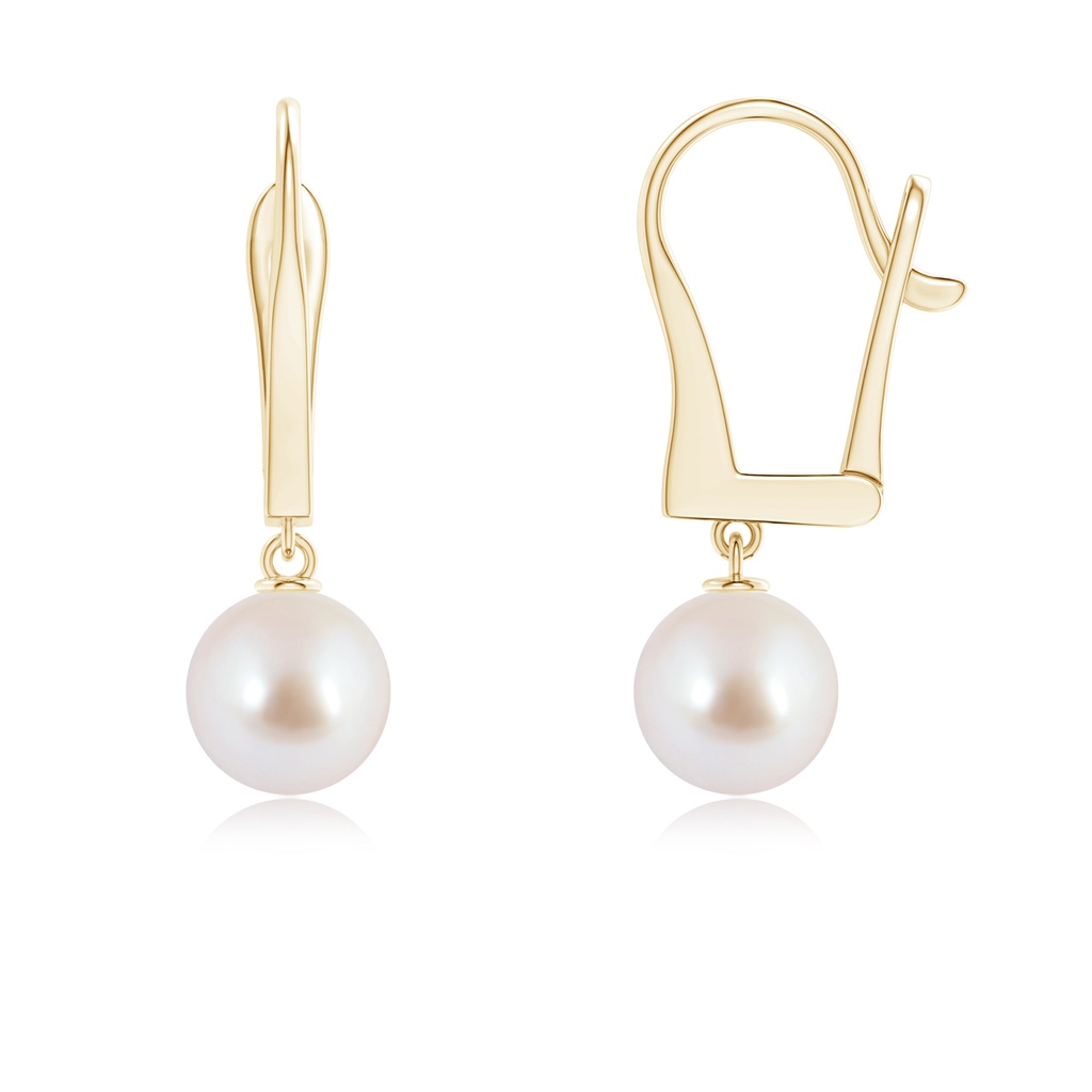 7mm AAA Solitaire Japanese Akoya Pearl Leverback Dangle Earrings in Yellow Gold