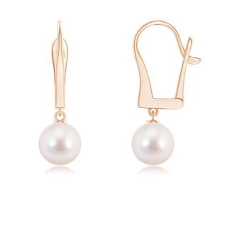 7mm AAAA Solitaire Japanese Akoya Pearl Leverback Dangle Earrings in Rose Gold