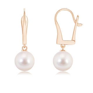 8mm AAAA Solitaire Japanese Akoya Pearl Leverback Dangle Earrings in Rose Gold