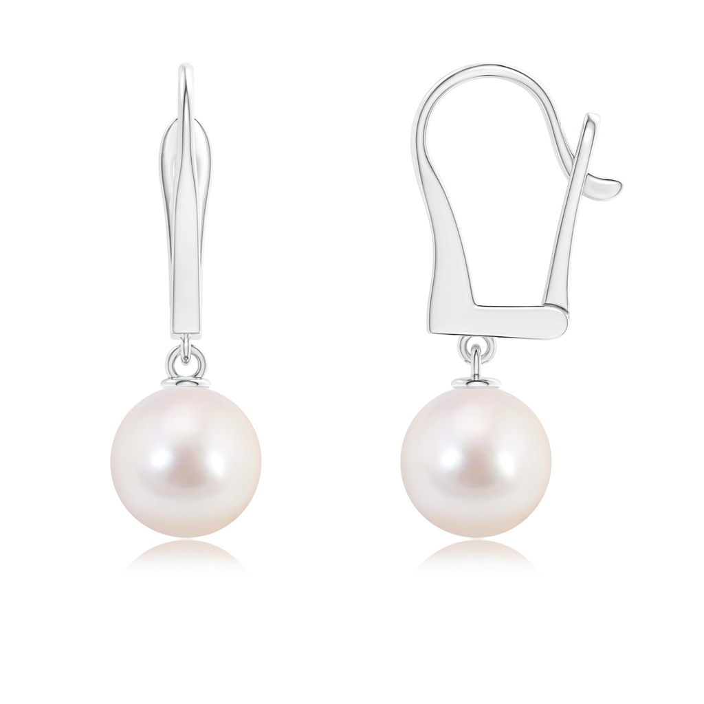 8mm AAAA Solitaire Japanese Akoya Pearl Leverback Dangle Earrings in White Gold