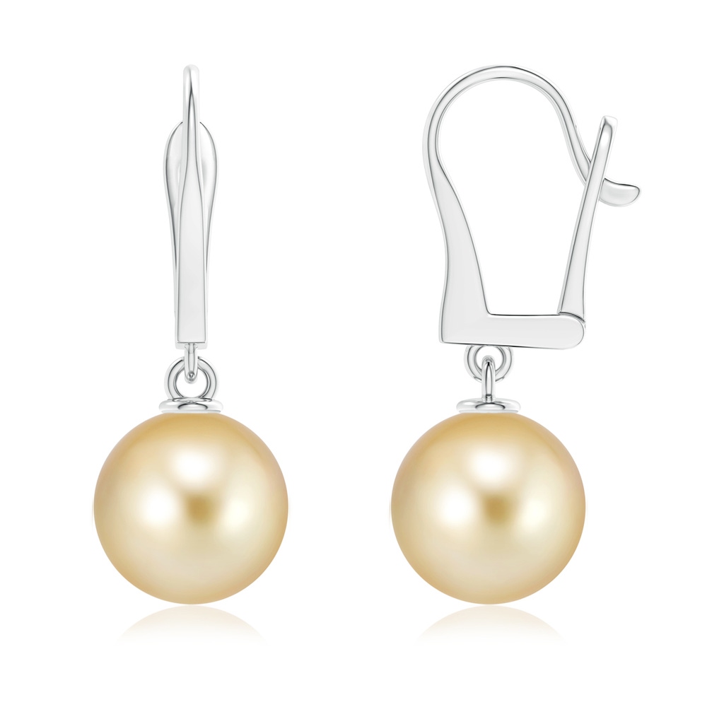 10mm AAAA Solitaire Golden South Sea Cultured Pearl Leverback Earrings in White Gold