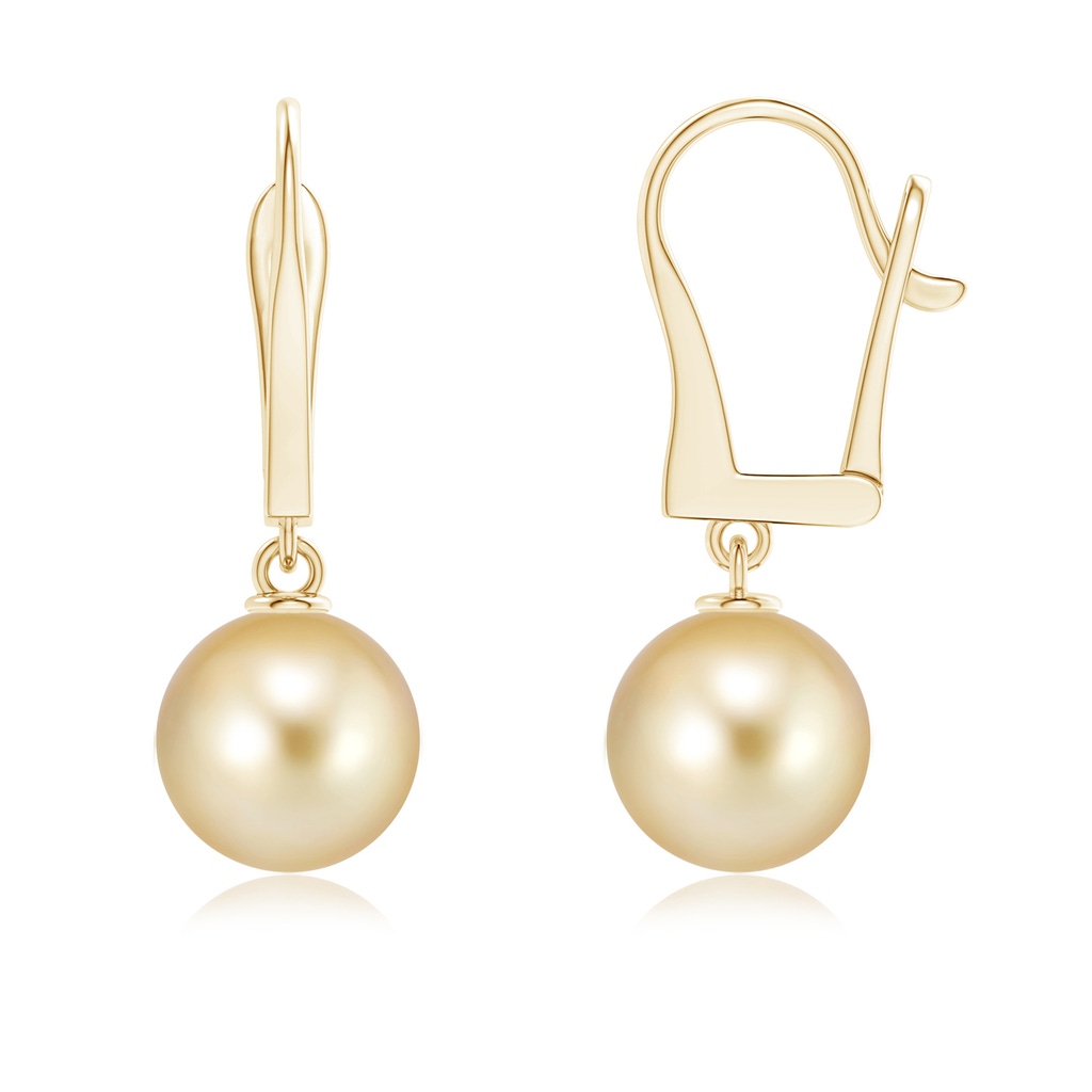 9mm AAAA Solitaire Golden South Sea Cultured Pearl Leverback Earrings in Yellow Gold 