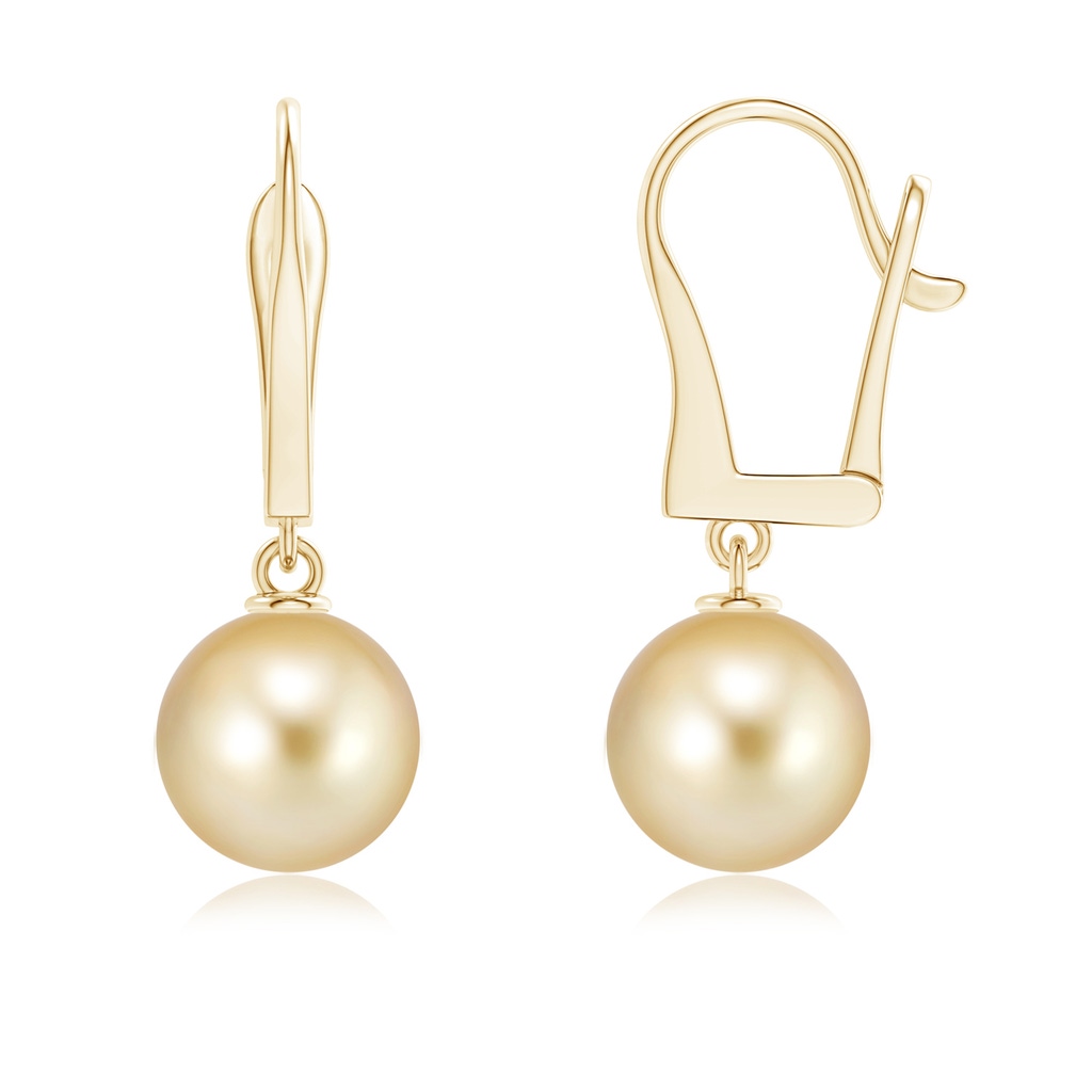 9mm AAAA Solitaire Golden South Sea Cultured Pearl Leverback Earrings in Yellow Gold