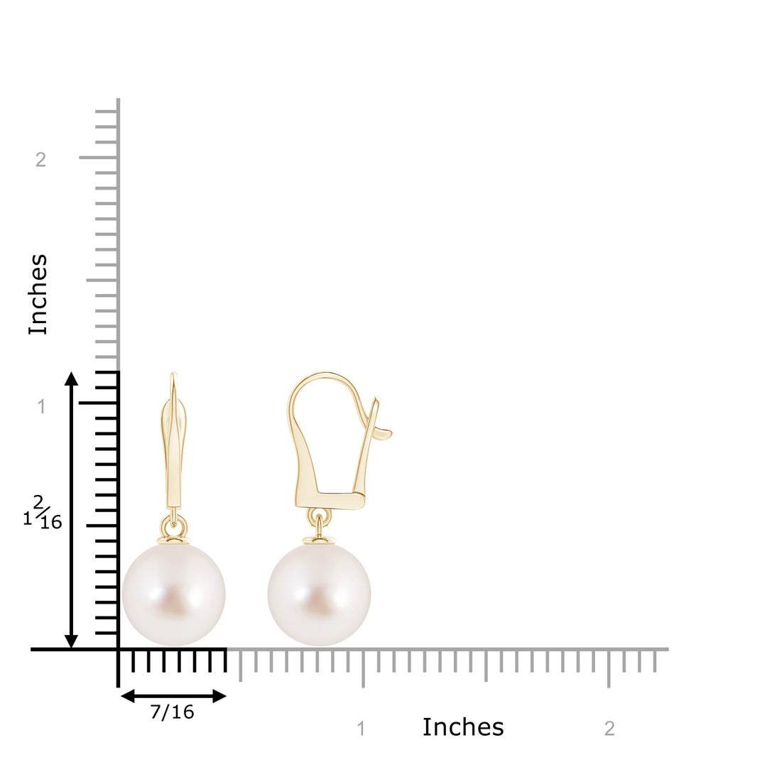 11mm AAAA Solitaire South Sea Pearl Leverback Dangle Earrings in Yellow Gold - ruler