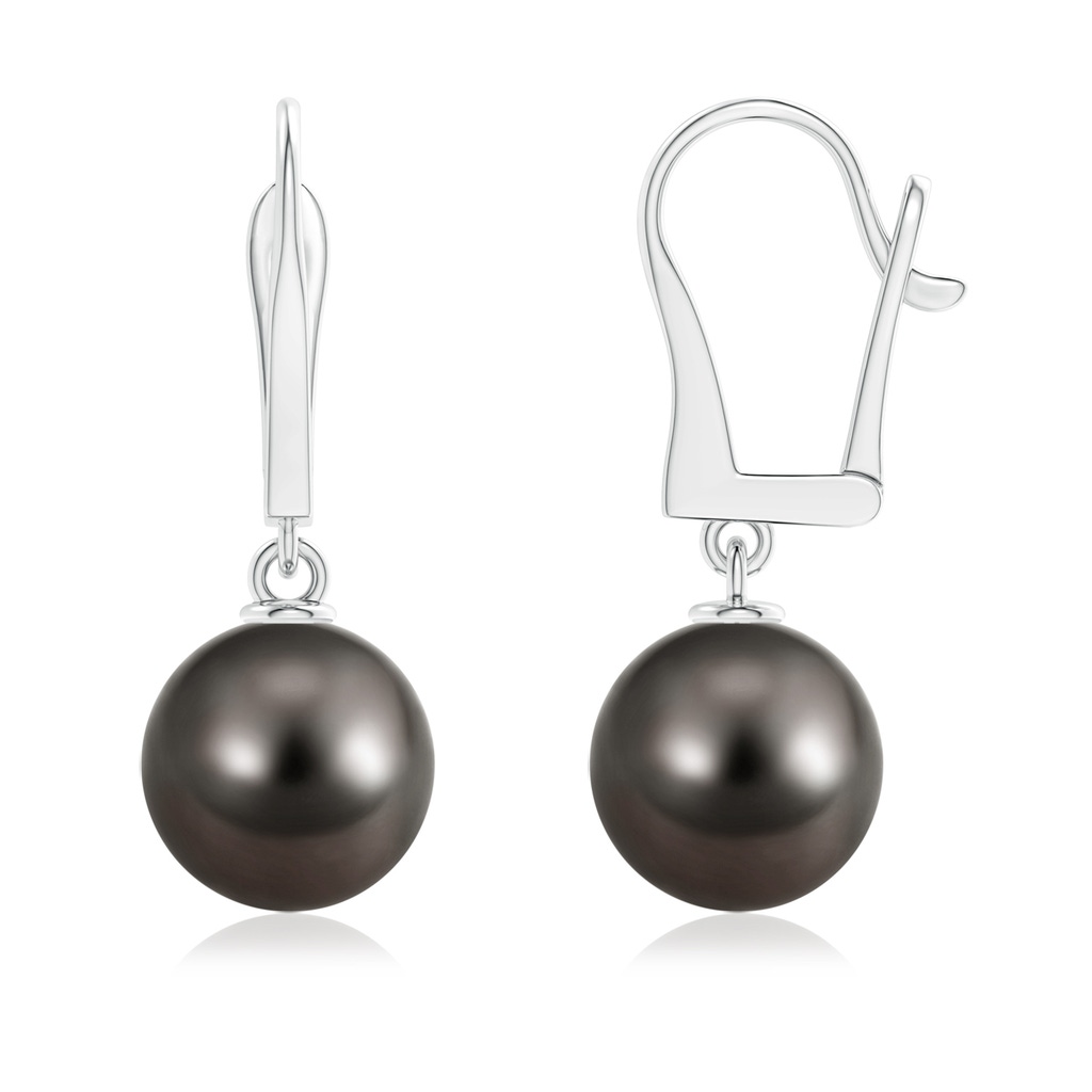 10mm AAA Solitaire Tahitian Cultured Pearl Leverback Dangle Earrings in White Gold