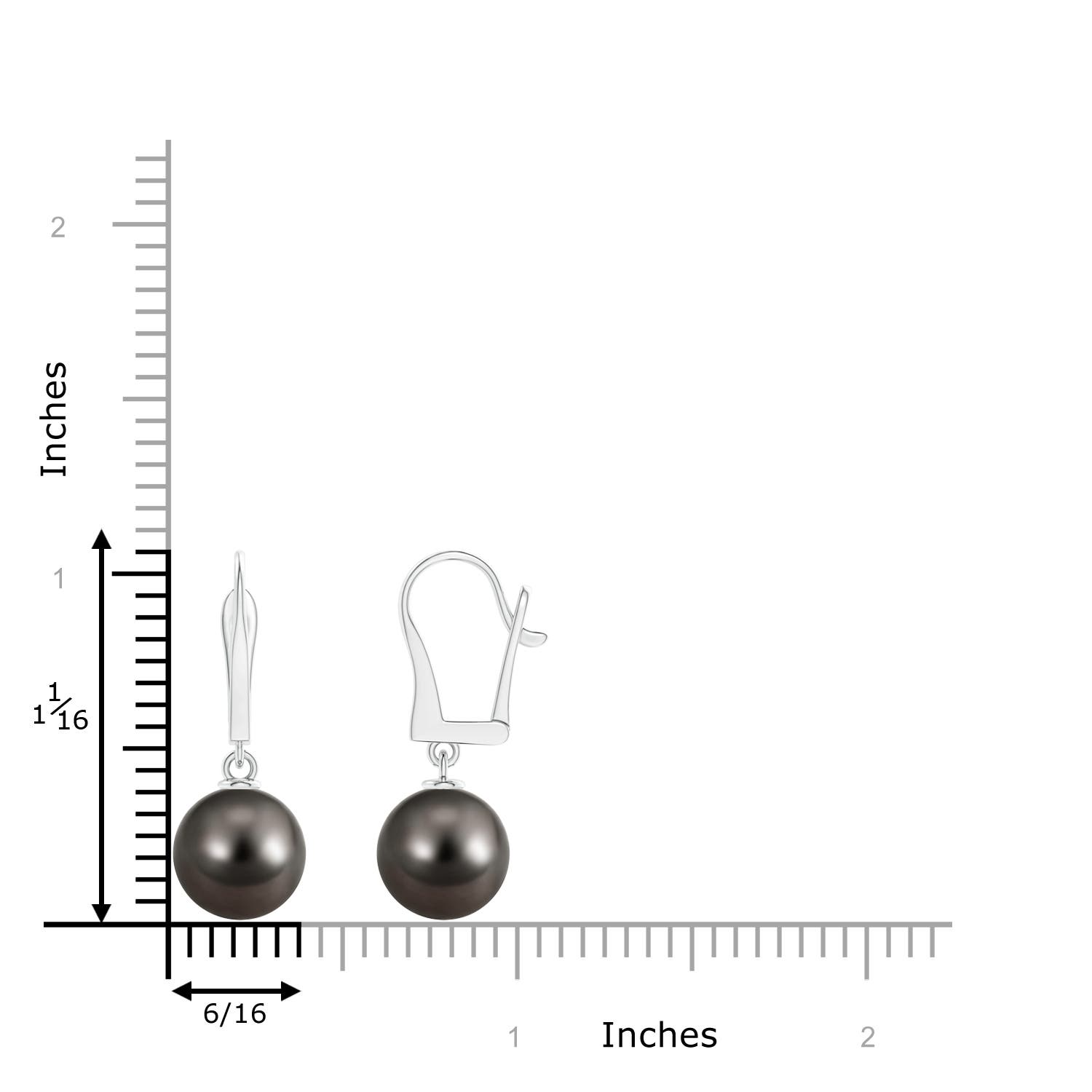 10mm AAA Solitaire Tahitian Cultured Pearl Leverback Dangle Earrings in White Gold - ruler