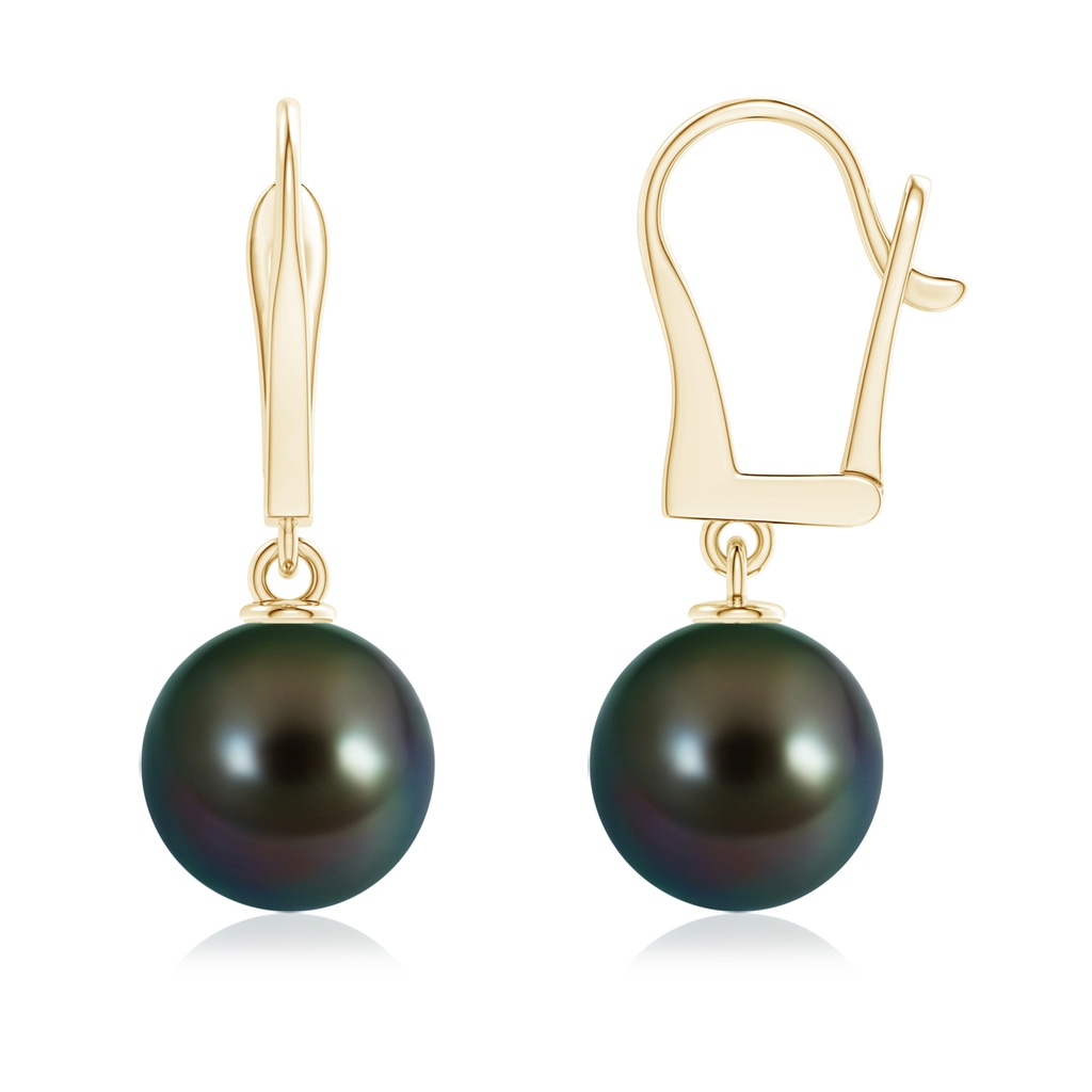 10mm AAAA Solitaire Tahitian Cultured Pearl Leverback Dangle Earrings in Yellow Gold