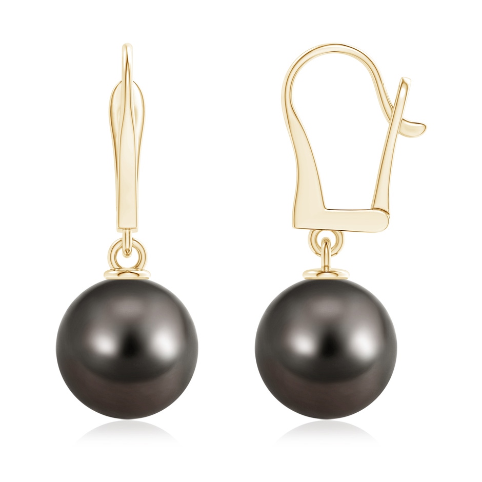 11mm AAA Solitaire Tahitian Cultured Pearl Leverback Dangle Earrings in Yellow Gold 