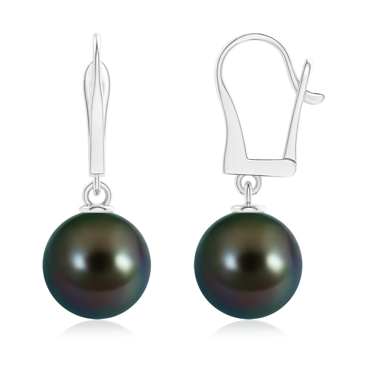 11mm AAAA Solitaire Tahitian Cultured Pearl Leverback Dangle Earrings in White Gold