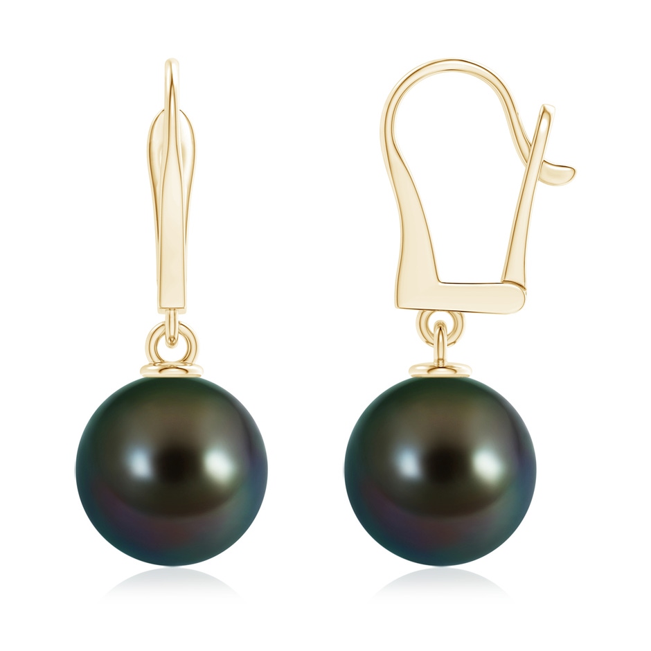 11mm AAAA Solitaire Tahitian Cultured Pearl Leverback Dangle Earrings in Yellow Gold 