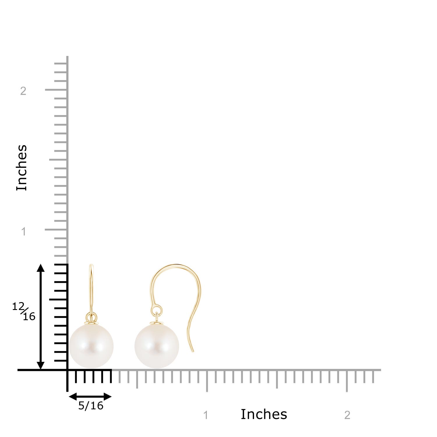 8mm AAAA Classic Freshwater Pearl Fish Hook Earrings in Yellow Gold - ruler