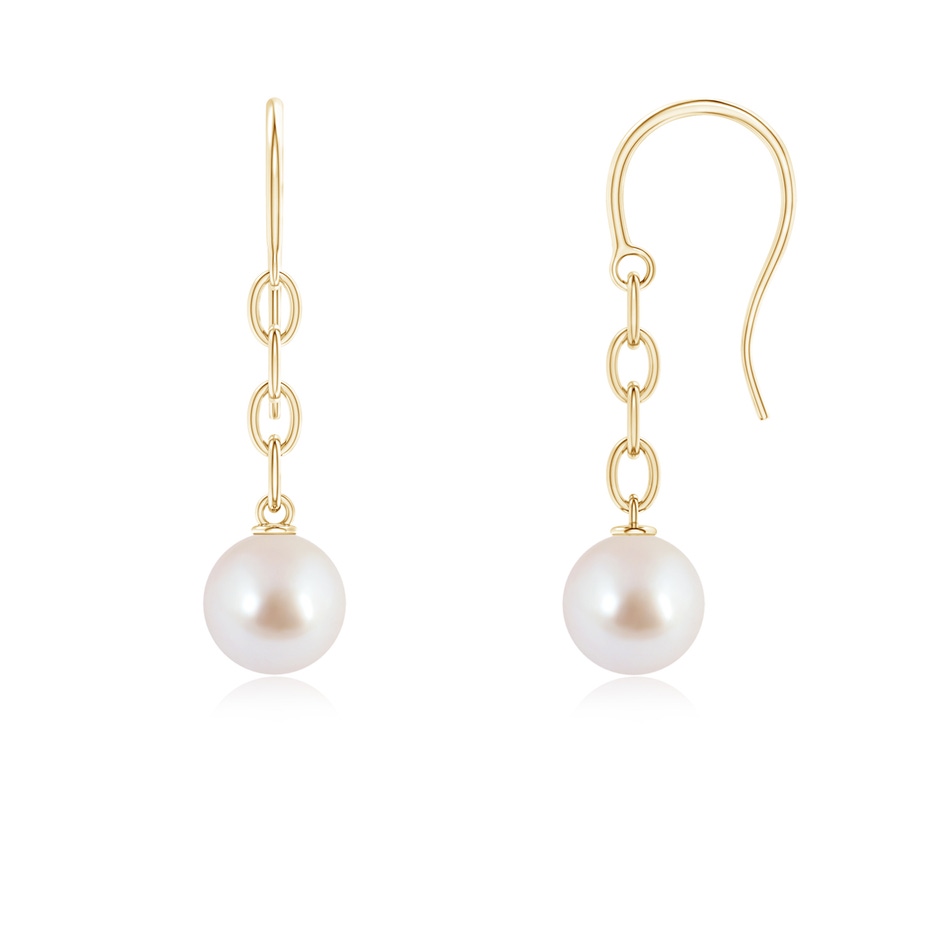 7mm AAA Solitaire Japanese Akoya Pearl Drop Earrings in Yellow Gold 