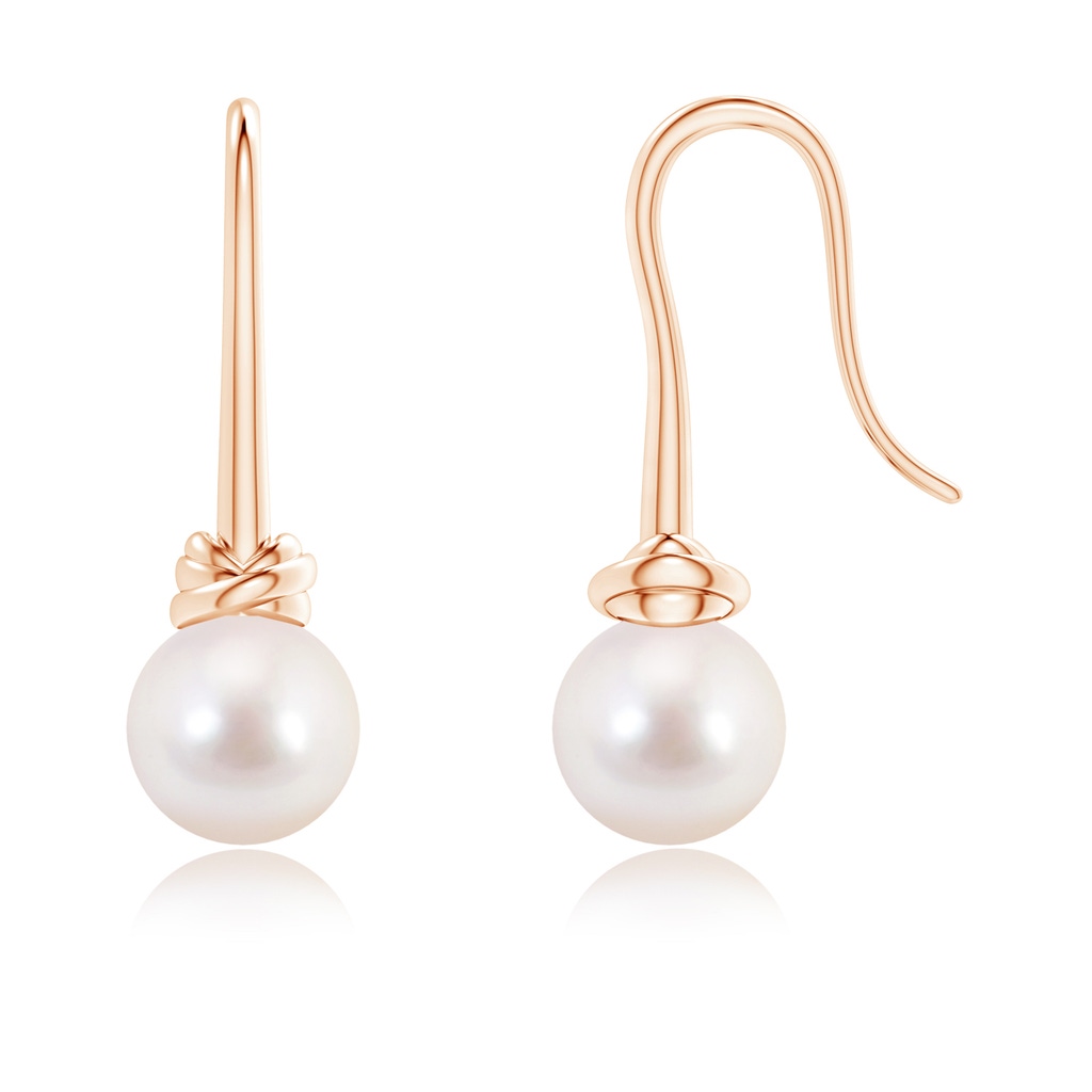 8mm AAAA Fish Hook Akoya Cultured Pearl Drop Earrings in Rose Gold