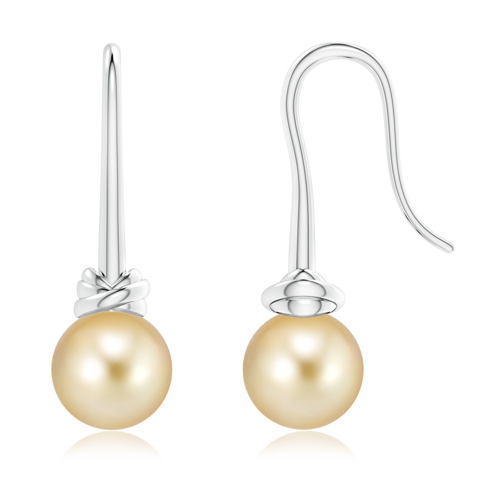 9mm AAAA Fish Hook Golden South Sea Cultured Pearl Drop Earrings in White Gold