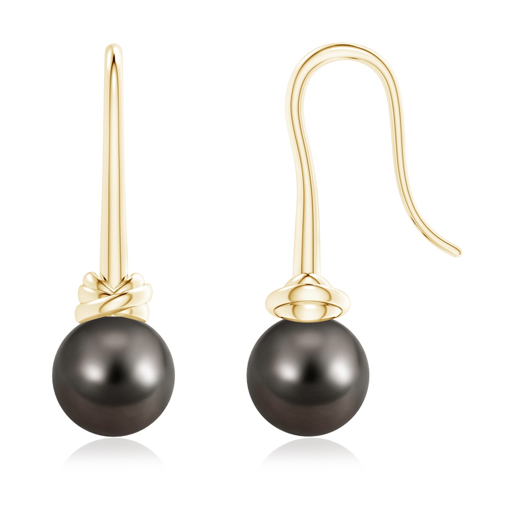 9mm AAA Fish Hook Tahitian Pearl Drop Earrings in Yellow Gold