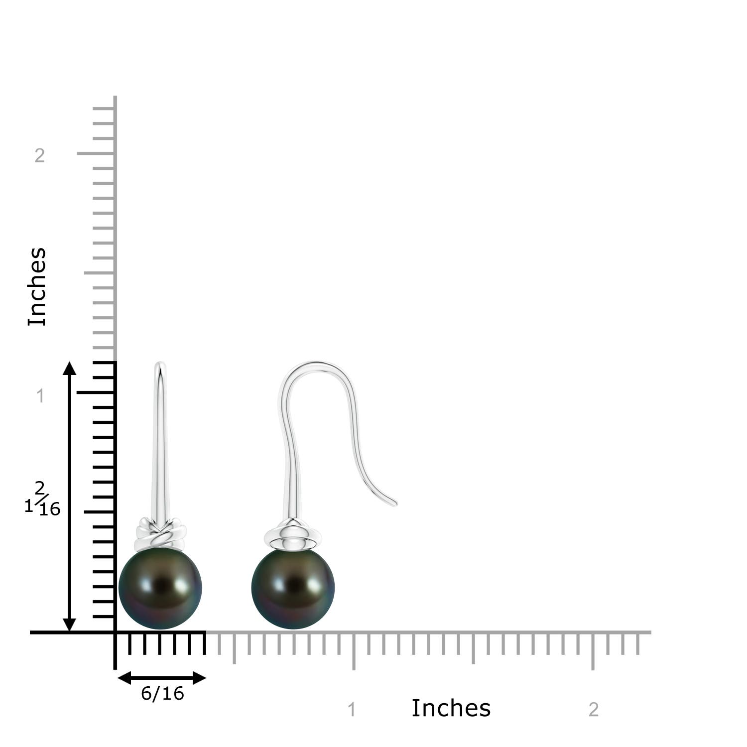 9mm AAAA Fish Hook Tahitian Pearl Drop Earrings in White Gold - ruler