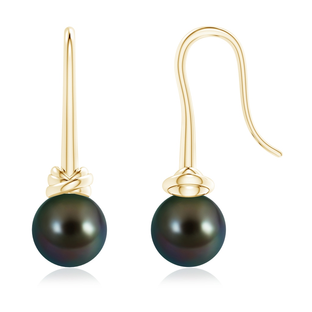 9mm AAAA Fish Hook Tahitian Pearl Drop Earrings in Yellow Gold