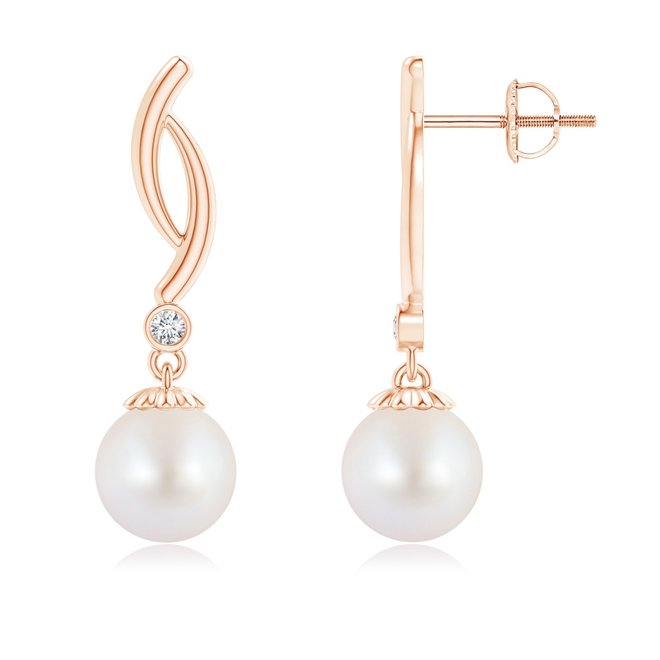 8mm AA Akoya Cultured Pearl Twist Drop Earrings with Diamonds in Rose Gold 