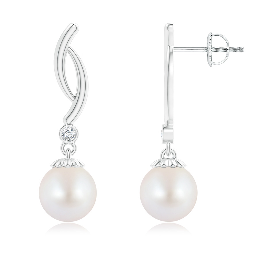 8mm AA Akoya Cultured Pearl Twist Drop Earrings with Diamonds in White Gold 