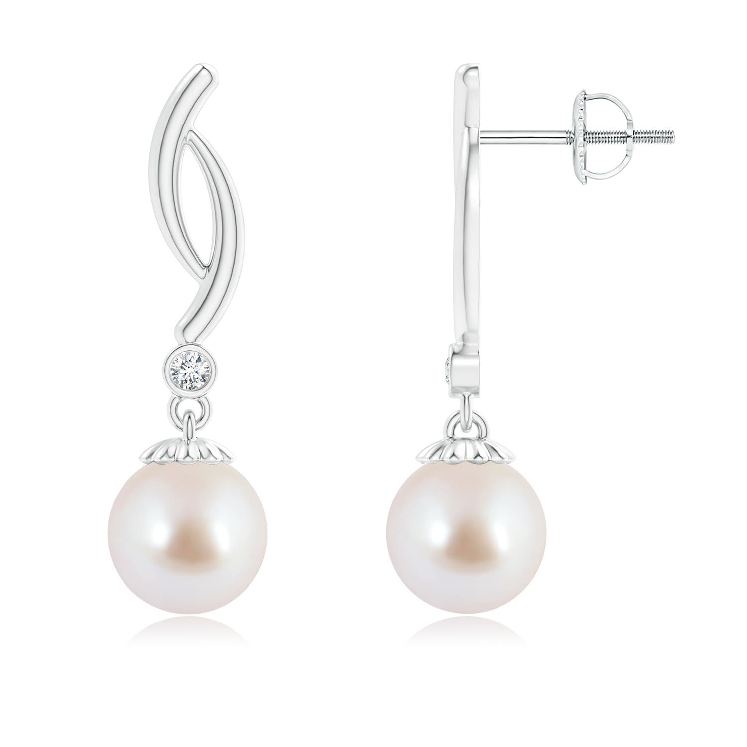 8mm AAA Akoya Cultured Pearl Twist Drop Earrings with Diamonds in White Gold