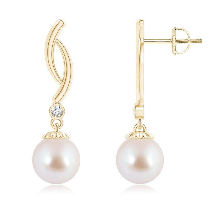 8mm AAA Akoya Cultured Pearl Twist Drop Earrings with Diamonds in Yellow Gold 