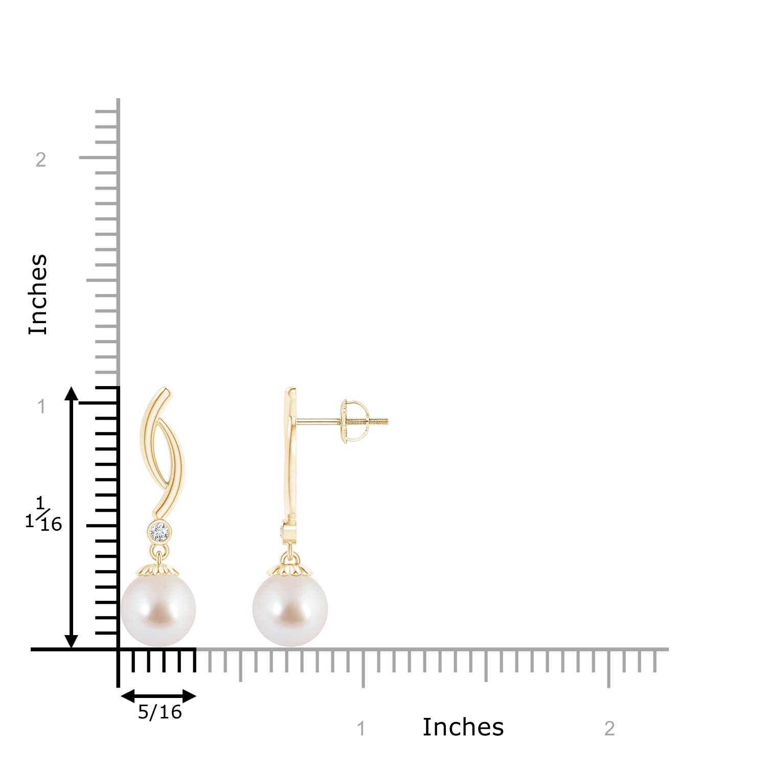 8mm AAA Akoya Cultured Pearl Twist Drop Earrings with Diamonds in Yellow Gold - ruler