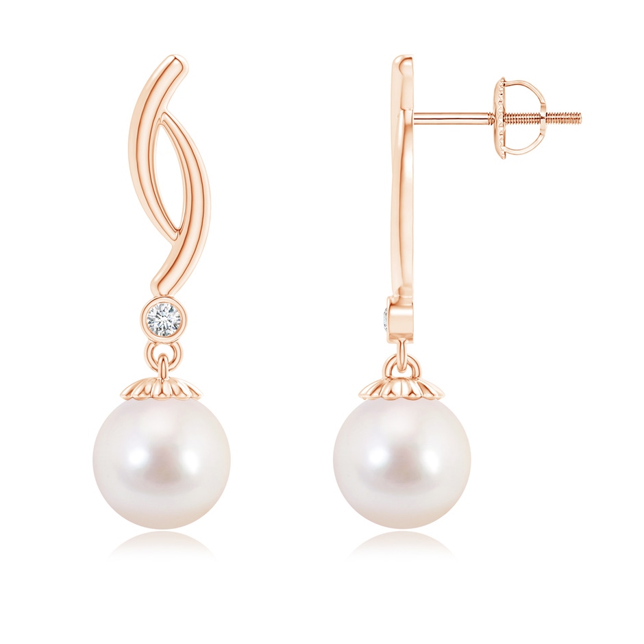 8mm AAAA Akoya Cultured Pearl Twist Drop Earrings with Diamonds in Rose Gold 