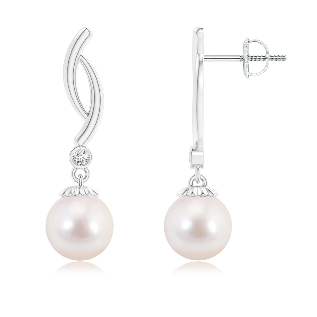 8mm AAAA Akoya Cultured Pearl Twist Drop Earrings with Diamonds in White Gold